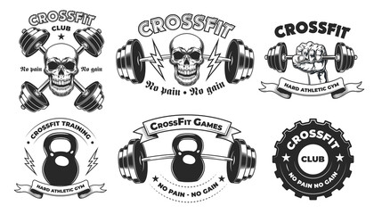 Hard athletic gym badges. Fitness club vintage emblem, bodybuilder skulls with barbells, athlete community vintage label. Vector illustrations with text for sport, weightlifting, lifestyle concepts