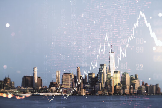 Multi exposure of virtual abstract financial chart hologram and world map on New York city skyscrapers background, research and analytics concept