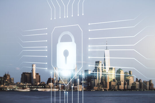 Virtual creative lock sketch with chip hologram on Manhattan office buildings background, protection of personal data concept. Multiexposure