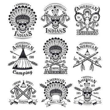 Native Americans emblems set. Red Indians skulls with feather head dress, wigwams and crossed axes. Vector illustrations with text for reservation, apache tribes, culture and history concepts
