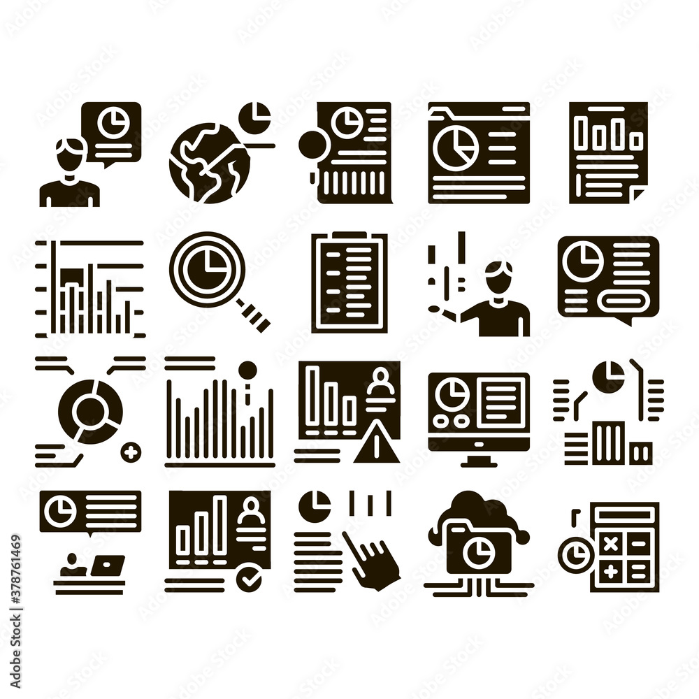 Aufkleber statistician assistant glyph set vector. statistician research and document file, web site on comput