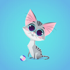 Cute cartoon cat with toy. Smiling kitten. Vector animals. Pet.  Grey cat.