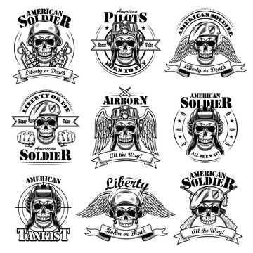 Army emblems set. Military labels template with skulls in pilot helmets or soldier hats, air force eagle wings, text and ribbons. Monochrome vector illustrations isolated on white background