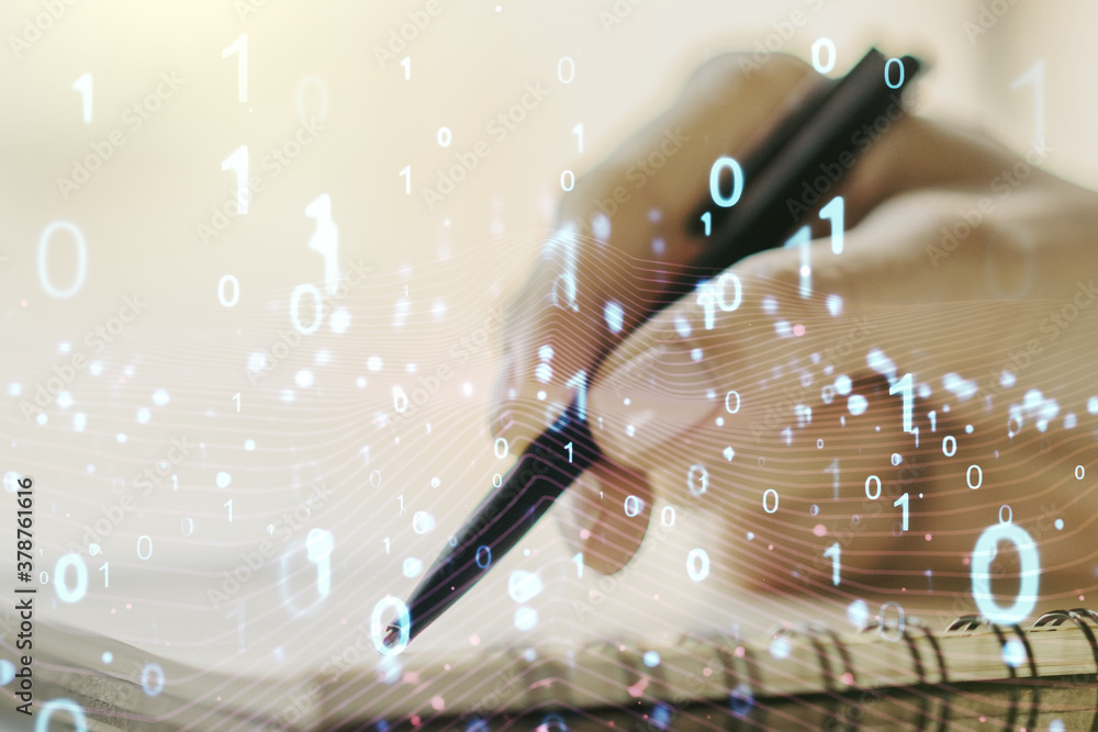 Leinwandbilder creative abstract binary code sketch and woman hand writing in notepad on background, hacking and ma