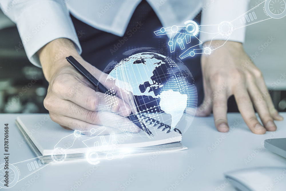 Aufkleber double exposure of robotics technology with world map hologram and hand writing in notebook on backg