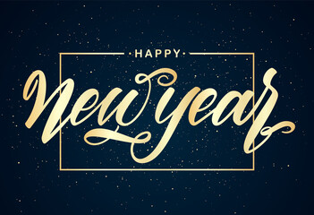 Golden Handwritten elegant modern brush type lettering of Happy New Year on dark background.