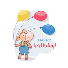 Calf, balloons. Happy Birthday. Postcard. Cute little calf. Cartoon character animal in baby manner