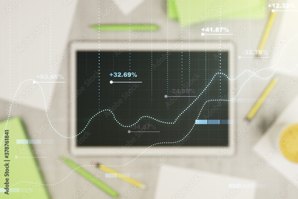 Poster double exposure of abstract creative statistics data hologram and modern digital tablet on backgroun