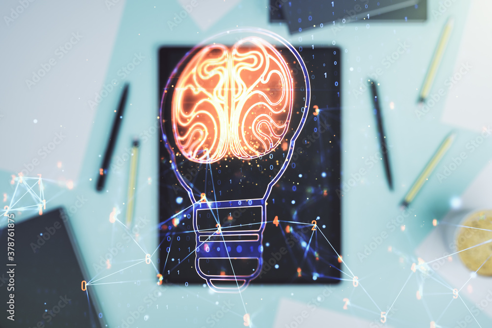Poster Creative idea concept with light bulb and human brain illustration and modern digital tablet on background, top view. Neural networks and machine learning concept. Multiexposure