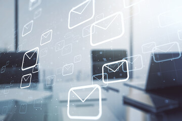 Creative concept of postal envelopes illustration and modern desktop with computer on background. Email and communications concept. Multiexposure