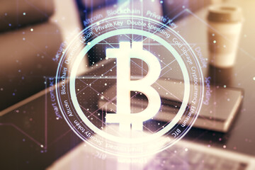 Creative Bitcoin concept with modern laptop background. Multiexposure