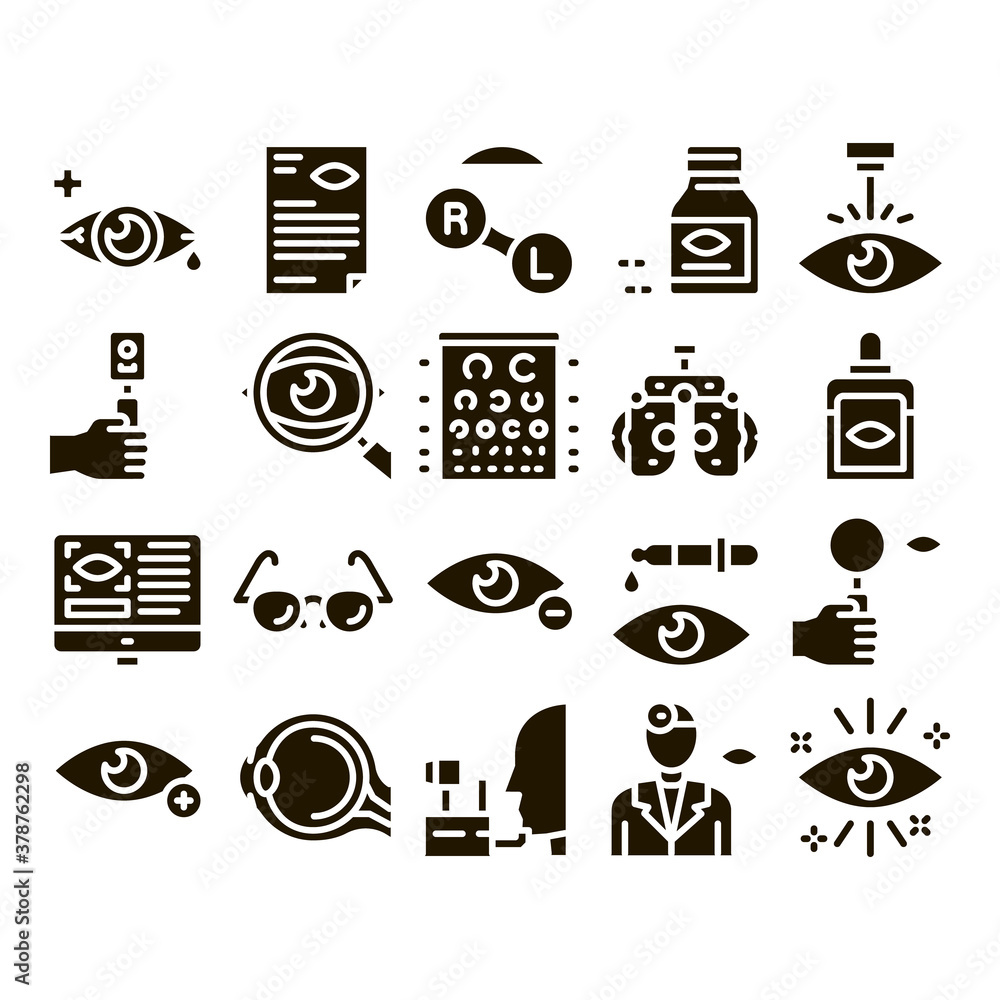 Sticker optometry medical aid glyph set vector. optometry doctor equipment and pills bottle, eye drops and g