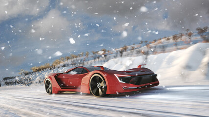 Red sports car on icy road in winter