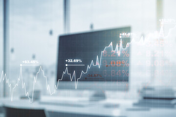 Abstract creative financial graph on modern laptop background, forex and investment concept. Multiexposure