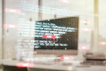 Multi exposure of abstract software development hologram on laptop background, research and analytics concept