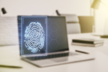 Abstract creative fingerprint illustration on modern computer background, personal biometric data concept. Multiexposure