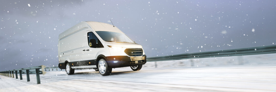 Transporter From Haulage Company With Winter Tires In The Snow