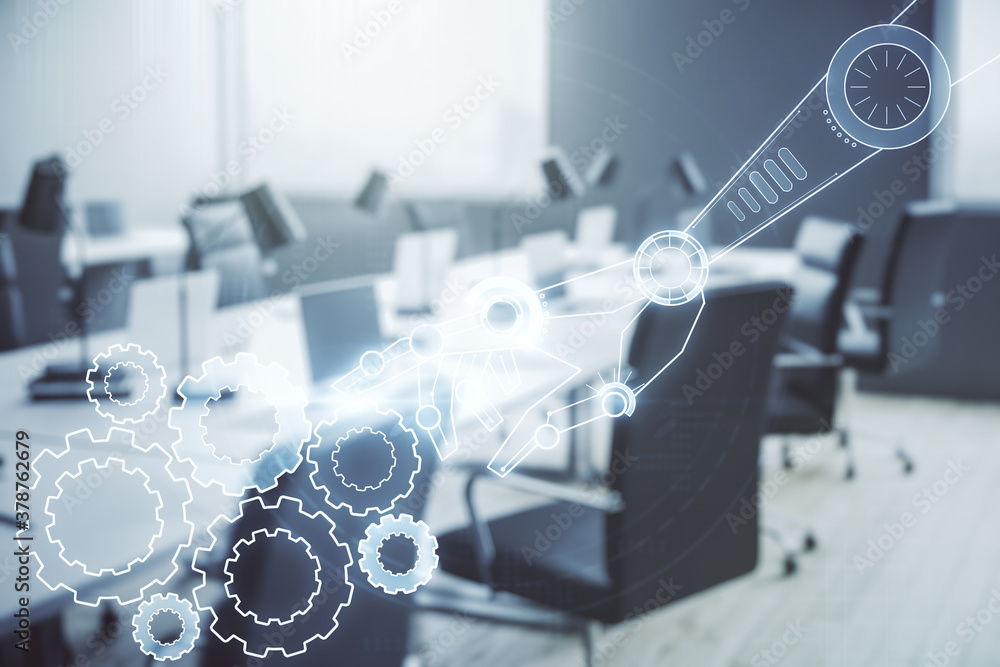 Aufkleber double exposure of abstract virtual robotics technology hologram on modern corporate office backgrou