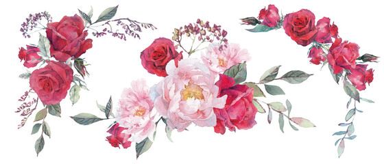 Watercolor bouquets of rose, peonies and herbs.