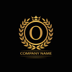 Golden Letter O laurel wreath template logo Luxury gold letter with crown. Monogram alphabet . Beautiful royal initials letter.	