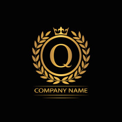 Golden Letter Q laurel wreath template logo Luxury gold letter with crown. Monogram alphabet . Beautiful royal initials letter.	