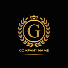 Golden Letter G laurel wreath template logo Luxury gold letter with crown. Monogram alphabet . Beautiful royal initials letter.	