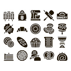 Bakery Tasty Food Glyph Set Vector. Bakery Cake And Bread, Pie And Donut, Cookie And Croissant, Wheat And Flour Glyph Pictograms Black Illustrations
