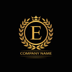 Golden Letter E laurel wreath template logo Luxury gold letter with crown. Monogram alphabet . Beautiful royal initials letter.	