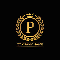 Fototapeta premium Golden Letter P laurel wreath template logo Luxury gold letter with crown. Monogram alphabet . Beautiful royal initials letter. 