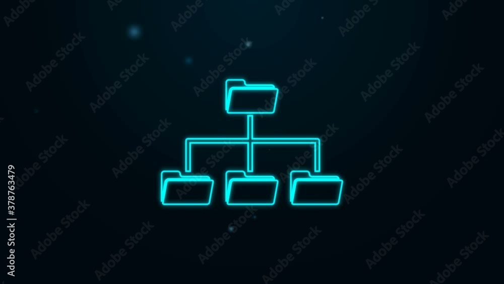 Poster glowing neon line folder tree icon isolated on black background. computer network file folder organi