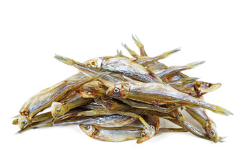 Obraz premium Few cured european smelt fishes isolated on white background