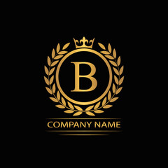 Fototapeta premium Golden Letter B laurel wreath template logo Luxury gold letter with crown. Monogram alphabet . Beautiful royal initials letter. 
