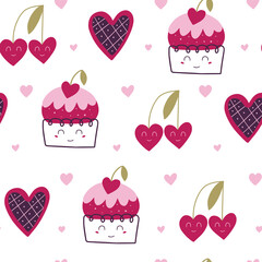 Valentine's Day seamless pattern with cake. Romantic design for wrapping paper, fabrics, covers and cards. Vector illustration.