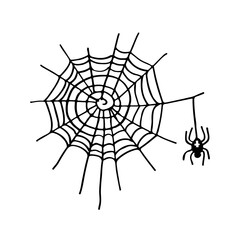 Halloween sign. Cobweb and spider with cross. Black-and-white illustration. Use for printing, posters, T-shirts, textile drawing, print pattern