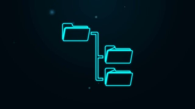Glowing neon line Folder tree icon isolated on black background. Computer network file folder organization structure flowchart. 4K Video motion graphic animation.