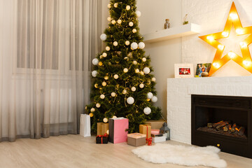 Christmas scene with tree gifts and fire in background