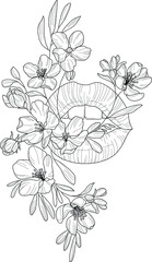 Realistic lips and flowers template sketch. Vector illustration in black and white for games, background, pattern, wallpaper, decor.Print for fabrics and other surface.Coloring paper, page, story book