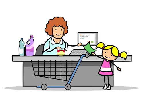 recommend clip art: Mädchen beim Einkaufen im Supermarkt an der Kasse