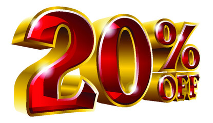 20% off - Twenty percent off discount gold and red sign. Vector illustration. Special Offer 20 % Off Discount Tag. Ideal for Sticker, Banner, Advertising, TV Commercial and any kind of Decoration.