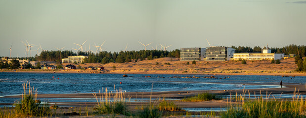 Beaches and dunes of Hiekkäsärki beach in Kalajoki, Finland, during sunset