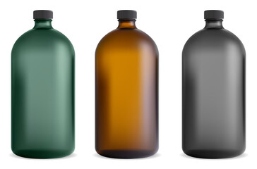Black glass bottle. Medical syrup jar. Pharmaceutical vitamin container mockup. Brown chemical template with screw cap vintage design translucent 3d vial. Cosmetic shampoo, spa juice