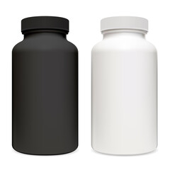 Vitamin supplement packaging. Black and white plastic pill container vector 3d template. Pharmacy tablet jar illustration without label and logo. Prescripton drugs box mockup set isolated