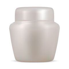 Cosmetic jar mockup. Realistic cream bottle blank vector template. White container for body lotion with lid. Round plastic hand skin care creme package isolated. Face moisturizer product pot