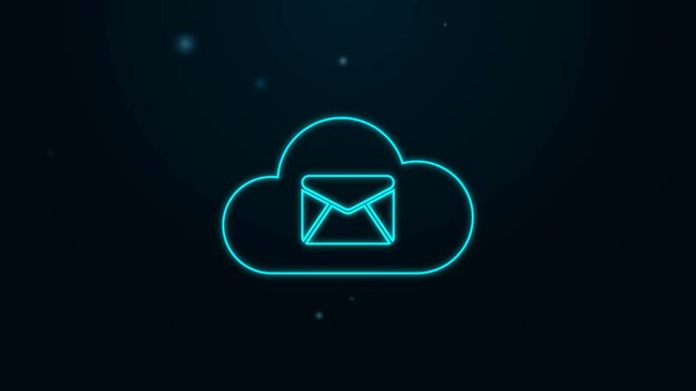 Glowing neon line Cloud mail server icon isolated on black background. Cloud server hosting for email. Online message service. Mailbox sign. 4K Video motion graphic animation.