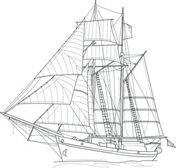 Realistic sailing boat sketch template. Cartoon vector illustration in black and white for games, background, pattern, decor. Print for fabrics and other surfaces. Coloring paper, page, story book
