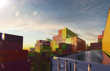 shipping containers at sunny day 3D illustration