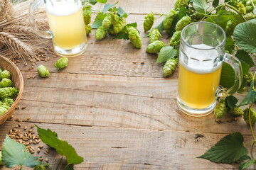 Oktoberfest festival beer background. Malt and hops craft beer brewing background with copy space.