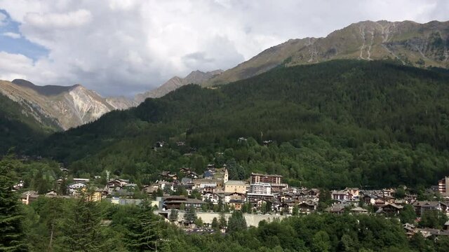 Courmayeur Town Viewed From Opposite Town. Valle D’Aosta, Italy