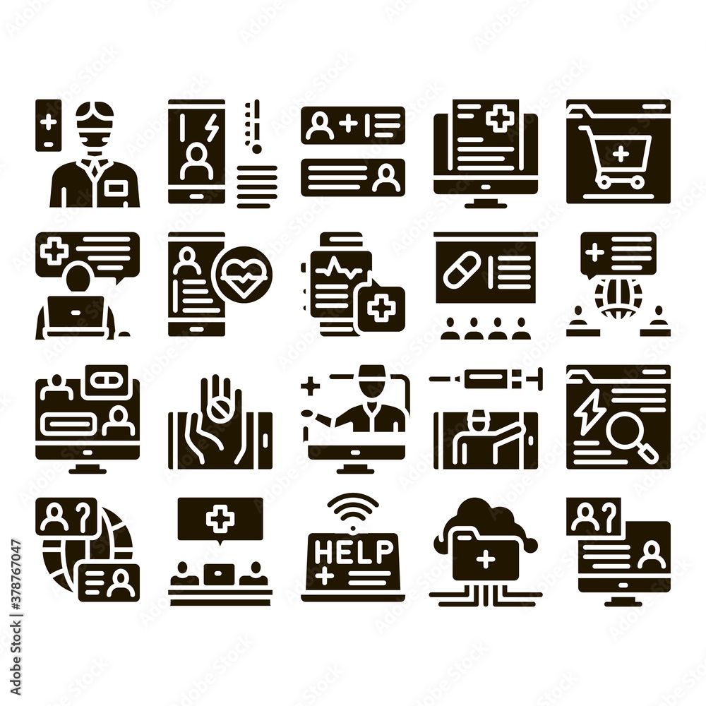 Canvas Prints Online Doctor Advice Glyph Set Vector. Internet Doctor Consultation, Healthy Help Web Site, World Medicine, Hand Hold Pills Glyph Pictograms Black Illustrations