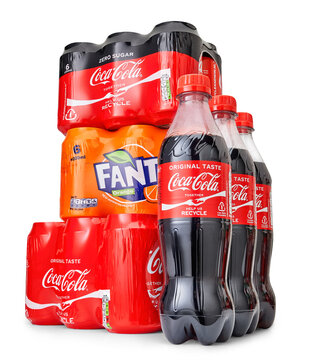 Netherlands, Haarlem - 08-07-2019: Coca Cola and Fanta softdrinks in a studio setting, isolated on white